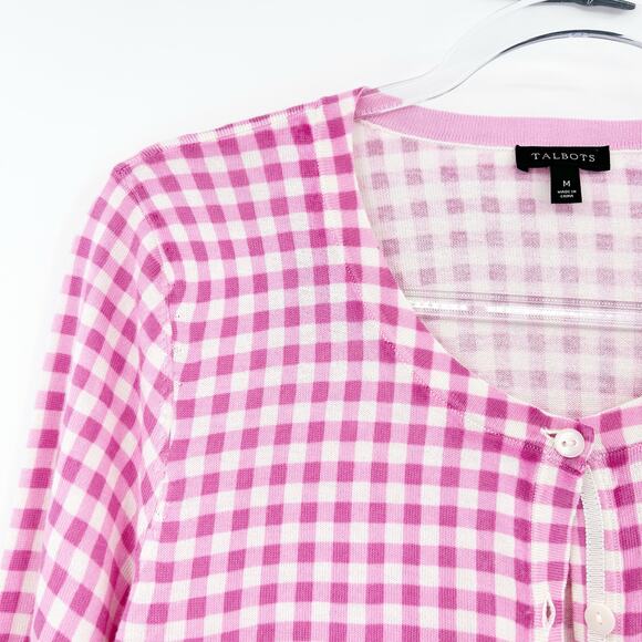 Talbots Pink Gingham Check Button Front Cardigan Sweater Womens Size Medium - Picture 11 of 11